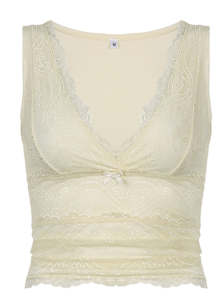 Beige Lace V-Cut Sleeveless Top