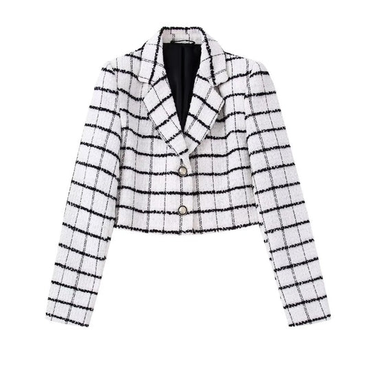 White Tweed Simple Plaid Crop Blazer