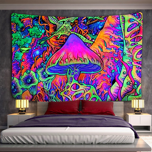 Neon Mushroom Village Tapestry