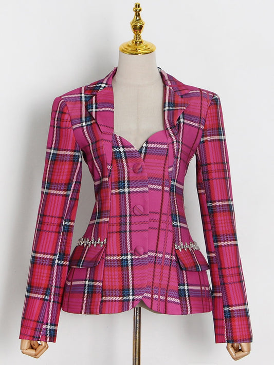 Plaid Hollow Out Back Pleated Blazer