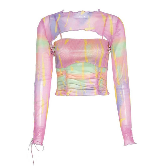 Pastel Sheer Tie-Dye Ruched Bottom Lace-Up Long Sleeve