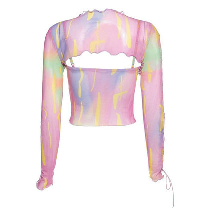 Pastel Sheer Tie-Dye Ruched Bottom Lace-Up Long Sleeve